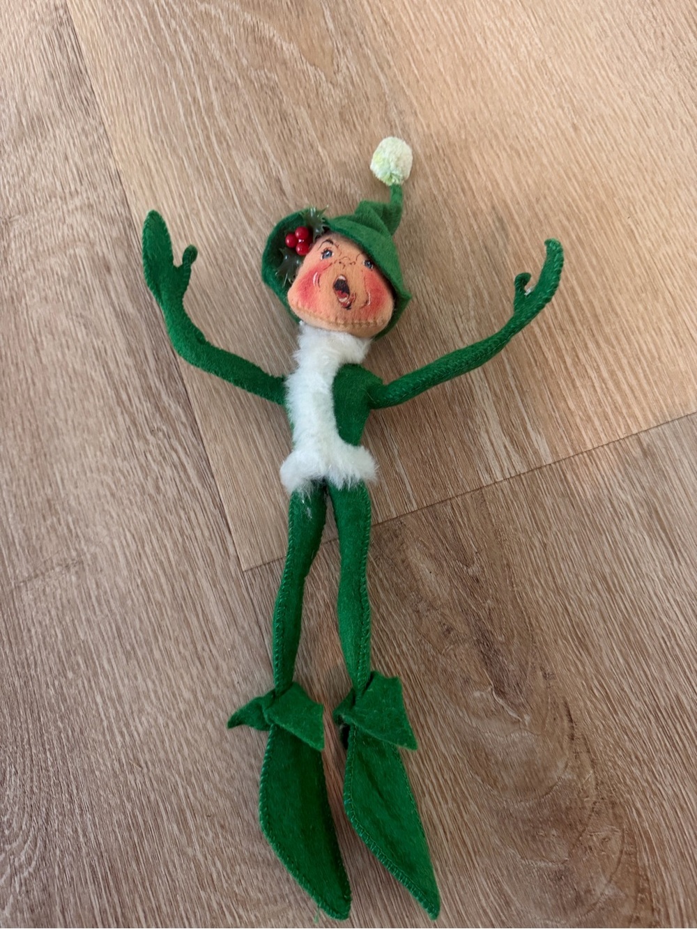 Annalee Green Elf Ornament with White Trim and Red Berry Accent